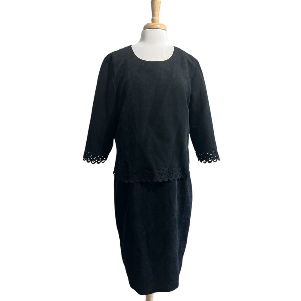Leslie Fay Midi Dress Size 18 Solid Black Faux Suede Eyelet Goth Vintage 90s